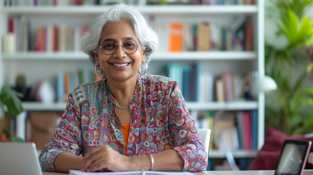 Elderly Indian woman smiling at her desk in a home office, working remotely. Concept of joyful retirement, lifelong learning, and remote work - Powered by Adobe