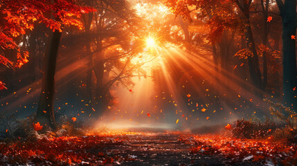 Bright sun rays in fall trees, Beautiful autumn forest landscape