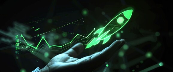 Bright green graph and rocket emerging from darkness, hand-held, indicating business success.