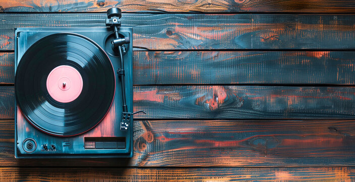 Tocadiscos de vinilo antiguo con discos negros y rosas sobre una mesa de madera, en una vista superior. Esta fotograf&iacute;a de archivo proporciona espacio para texto o copia.