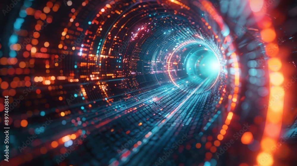 Poster abstract digital tunnel with vibrant neon lights representing data flow, technology, and futuristic 