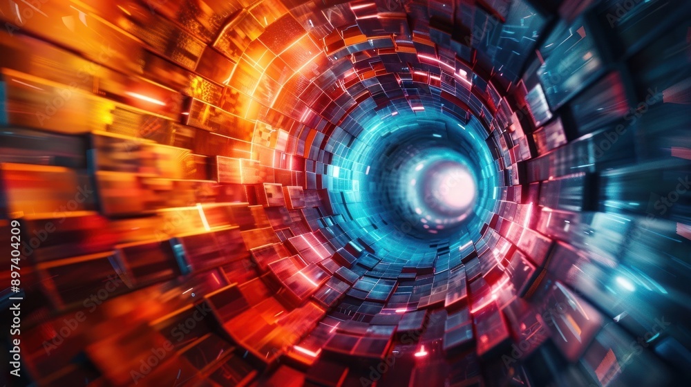 Poster futuristic digital tunnel with glowing blocks, symbolizing data flow, technology, and innovation. pe