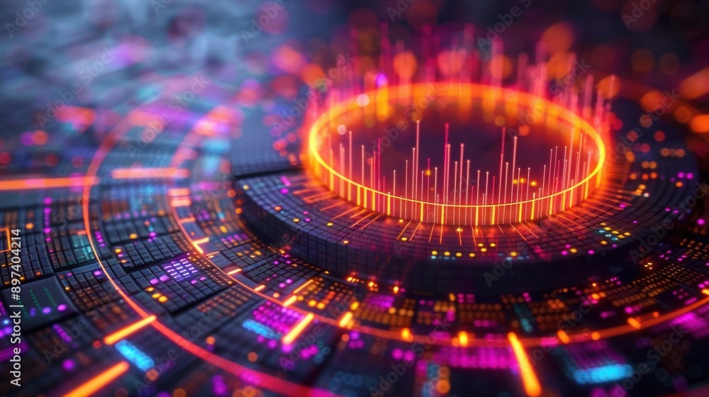 Poster futuristic digital visualization of data processing and analytics with glowing circular shapes and v