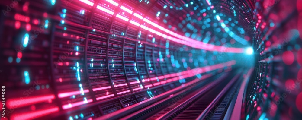 Poster futuristic technology tunnel with vibrant neon lights and intricate circuitry creating an immersive 