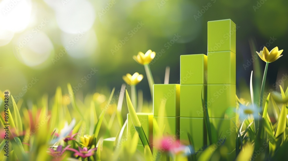 Poster bright lime blocks signify a sharp upward trend, set against a vivid spring meadow.