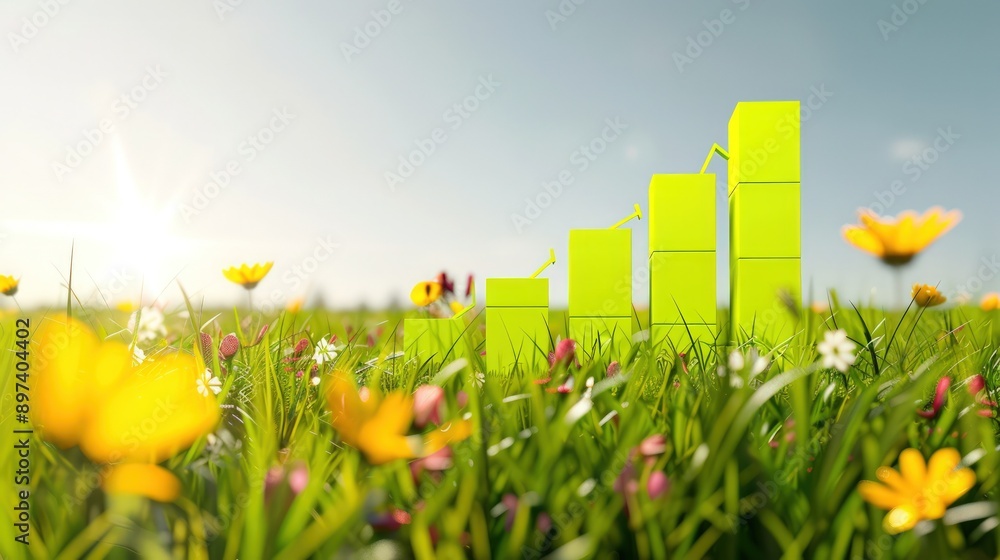 Poster bright lime blocks signify a sharp upward trend, set against a vivid spring meadow.