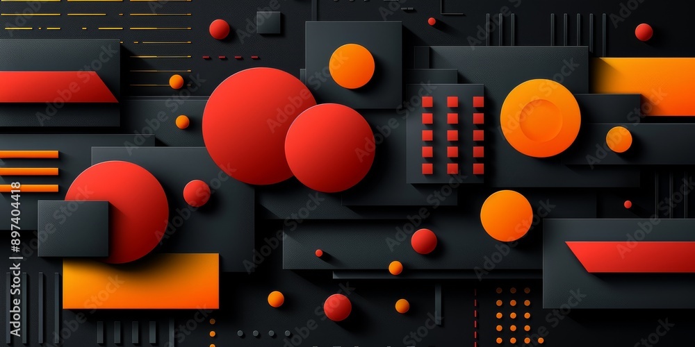 Poster vibrant red, black, and orange abstract geometric shapes with a 3d effect create a dynamic compositi