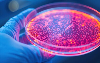 Scientist holding petri dish with glowing bacteria culture in laboratory. Microbiology research and bacterial analysis concept.