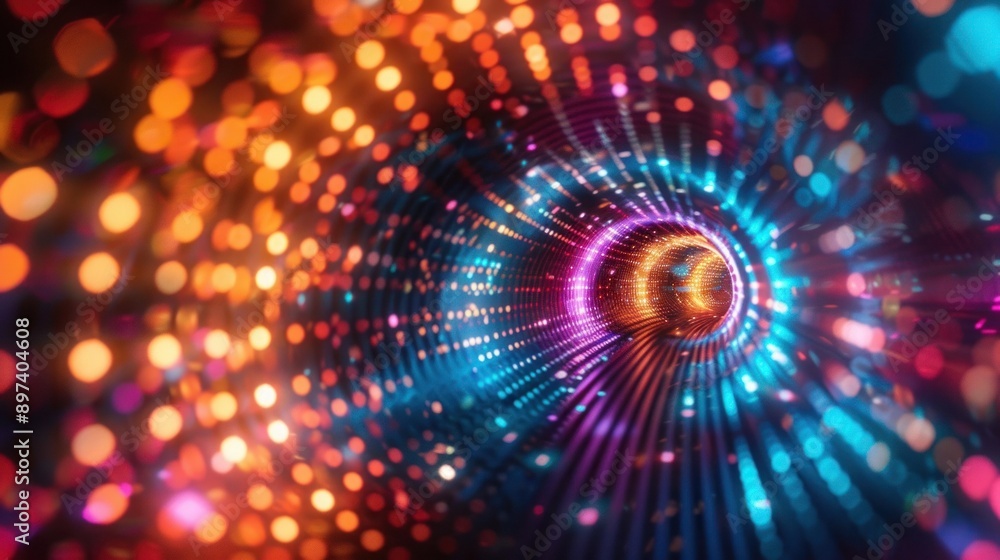 Poster Vivid abstract tunnel illuminated with colorful bokeh lights, creating a sense of motion and depth. Perfect for creative and digital projects.