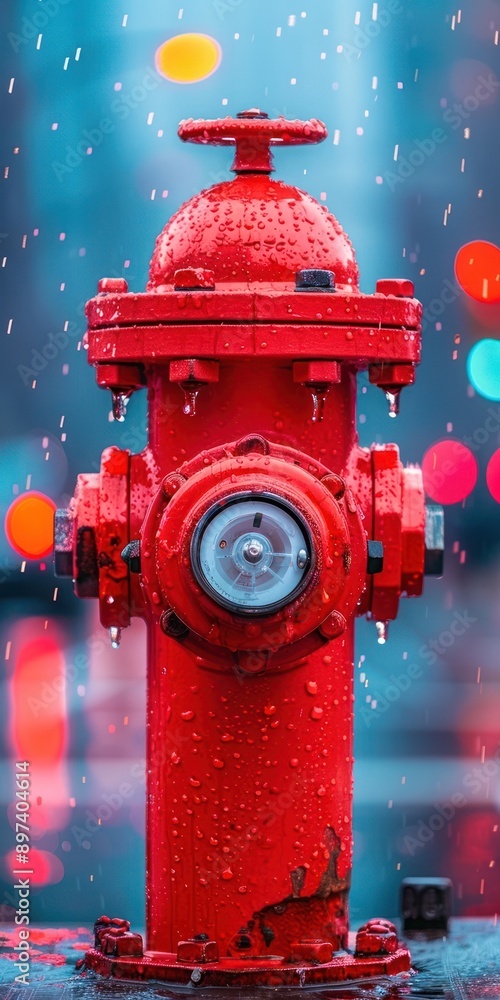 Poster vibrant red fire hydrant in the rain with colorful bokeh lights in the background, creating a striki