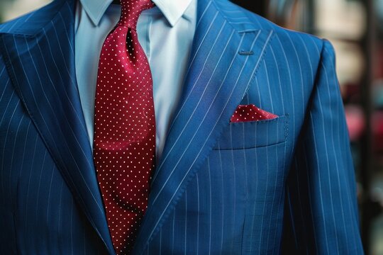 Businessman is wearing a blue pinstripe suit with red tie and pocket square