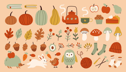 Simple autumn cozy set. Fall hand drawn vector collection. Fall season cozy elements clipart bundle isolated
