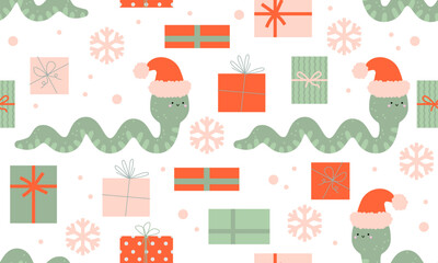 Fototapeta premium Seamless pattern with snake. 2025 new year of snake. Holiday design with snake. Christmas design. Chinese New Year. 2025 celebration