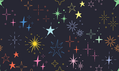 Star shine glow, spark glitter, sparkle light. Line star glitter shine design. Seamless pattern with stars and sparks. Christmas, birthday design in vibrant colors on a light background