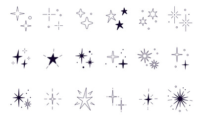 Star shine glow, spark glitter, sparkle light. Line star glitter shine design. Sparkle Star Icon Set. Different forms of stars, constellations, galaxies. Sparkles and Stars Set Collection. Sparkling