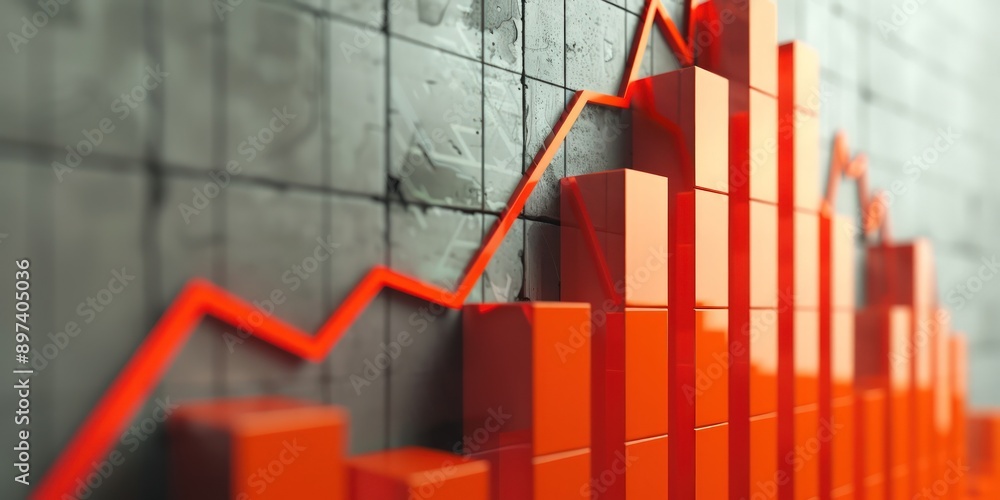 Poster bright orange blocks create a dynamic upward stock graph against a minimalist grey backdrop.