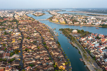 Fototapeta premium Aerial drone view of Hoi An city, Vietnam. Ancient town, UNESCO world heritage, at Quang Nam province.