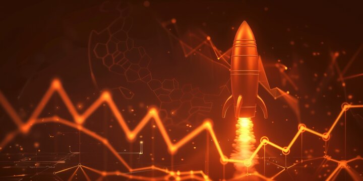 Bright orange glowing graph and rocket on a dark background for a business growth concept,