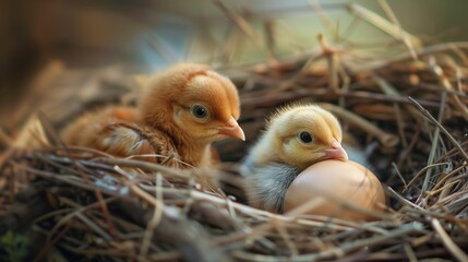 Obraz premium Baby Animals: Adorable chick hatching from egg in cozy nest. Capturing the miracle of new life as fluffy yellow bird emerges, symbolizing birth, growth, and the natural cycle of springtime renewal.