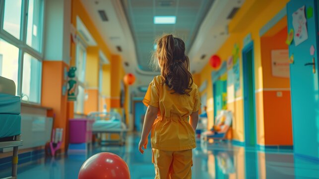A child walking in a vibrant hospital corridor adorned with colorful decorations and a cheerful atmosphere.
