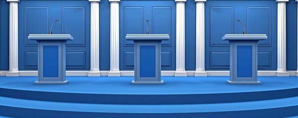 Modern 3D election debate stage with blue holographic podiums virtual audience and real time digital voting creating an immersive electoral experience