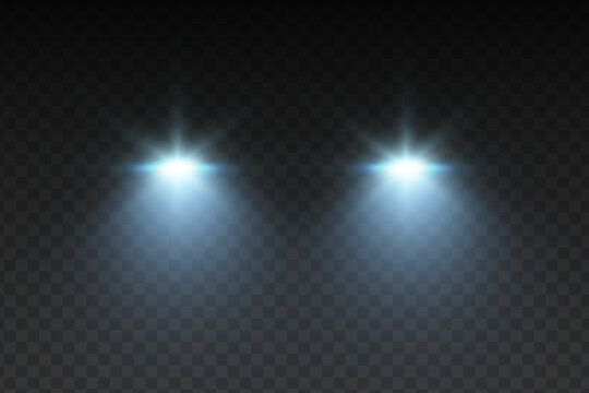 Cars light effect. White glow car headlight bright beams ray isolated on transparent background