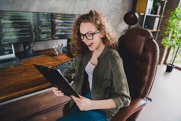 Photo of cheerful confident successful woman agent assistant sitting armchair comfortable workspace...