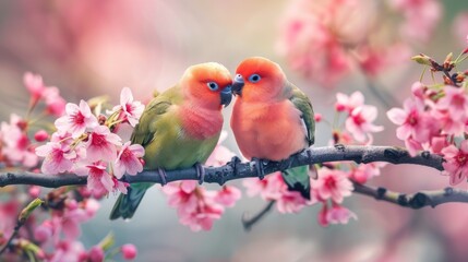 Pair of lovebirds nestled together on a blooming cherry blossom branch, symbolizing love and beauty in nature