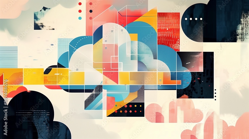 Poster abstract cloud with geometric shapes and vibrant colors, representing modern cloud computing technol