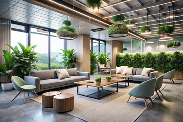 Fototapeta premium Sleek, modern office lounge features plush ergonomic seating, calming color scheme, and lush greenery, creating a serene atmosphere for employees to unwind and recharge.
