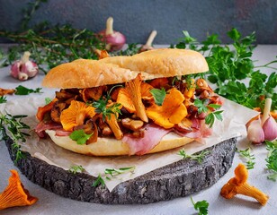 Obraz premium Sandwich mit frischen Pfifferlingen, Gulasch, Schinken und frischen Kräutern