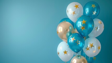 Blue, and white balloons with golden stars in a blue background  invitación templete