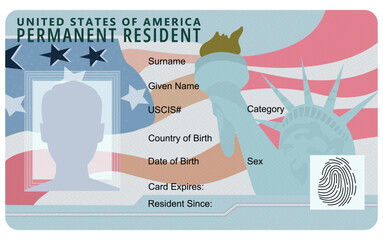 Permanent Resident Card. Vector illustration of green card. Green card. Template of Permanent Resident Card isolated on white background. Cartoon Green card of the United States © Mariia