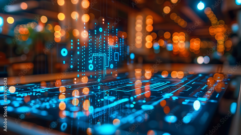 Poster abstract digital circuit board with glowing elements on the tablet digital technology