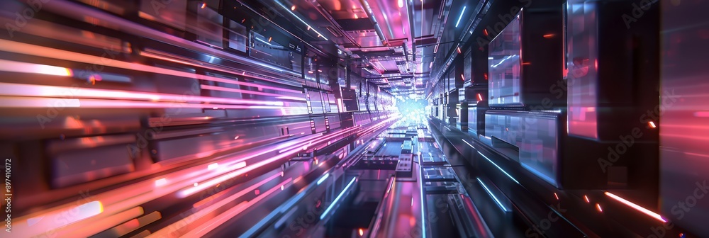 Poster futuristic tunnel representing fast data transfer with glowing streaks, symbolizing speed and techno