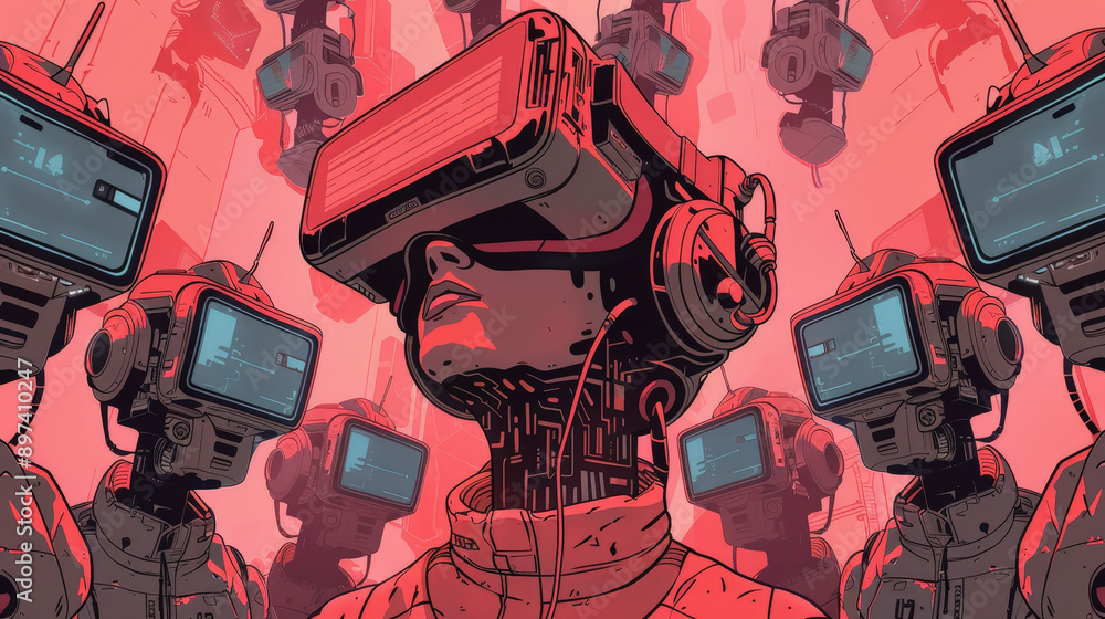 Poster minimalist outline of a person in vr headset surrounded by cellphones and robots, emphasizing human-
