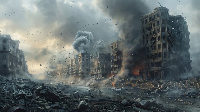 Devastation Unleashed Artistic Depiction of War Torn Buildings in Chaos