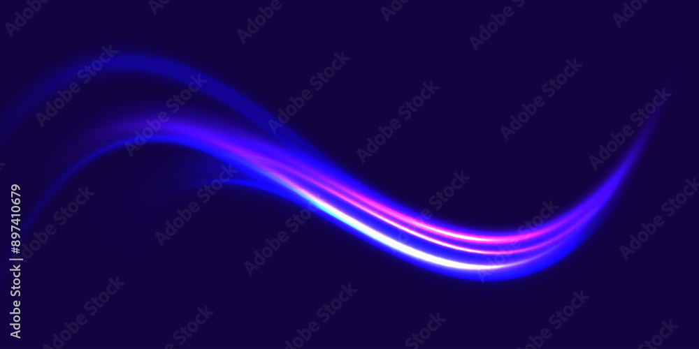 Poster Lines in the shape of a comet against a dark background. Vortex streams of neon light. Magic of moving fast lines. Laser beams, horizontal light rays. Vector.