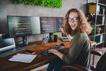 Photo of lovely cheerful adorable successful woman coder hacker armchair comfortable workspace...
