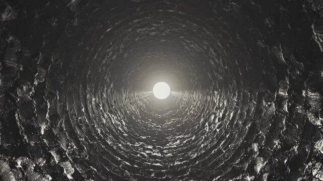 animation of a long underground tunnel brick hole fantasy, heading towards the light