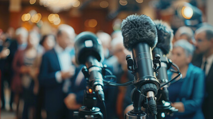 Political candidate speaking at a press conference, election campaign, media engagement. 