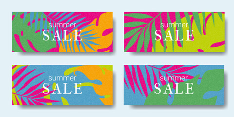 Minimalistic Modern Banner for Summer Sale. Design Bright horizontal Background with tropical abstract Leaves. Concept Template for sale, horizontal poster, header, cover, social media, fashion ads.