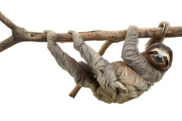 Brown-Throated Three-Toed Sloth Hanging From Branch isolated on transparent background