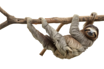 Brown-Throated Three-Toed Sloth Hanging From Branch isolated on transparent background