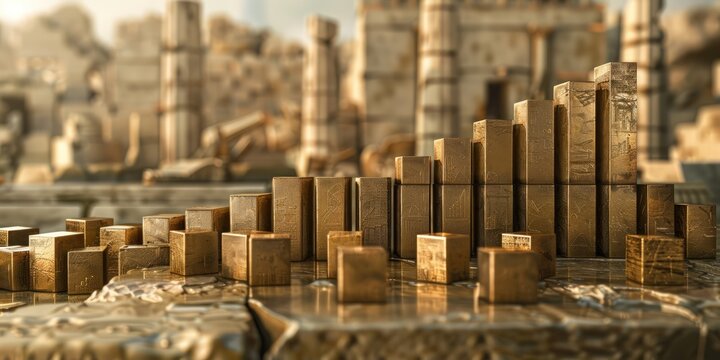 Bronze blocks build a robust upward graph, mirroring historical economic strength on an ancient ruins backdrop. - Powered by Adobe