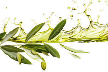Olive Oil Splashing Over Green Leaves