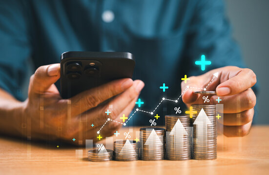Money interest rate increase concept, percentage commission credit. Grow up stock risk management. Bank policy price raise. Businessman use smartphone  calculate high percentage of company profit coin