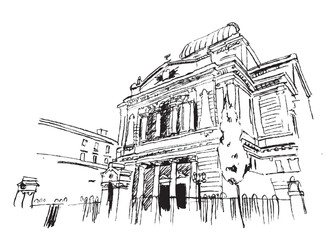 Drawing sketch illustration of the Great Synagogue of Rome, Italy