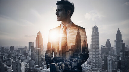 Businessman with city background Double Exposure