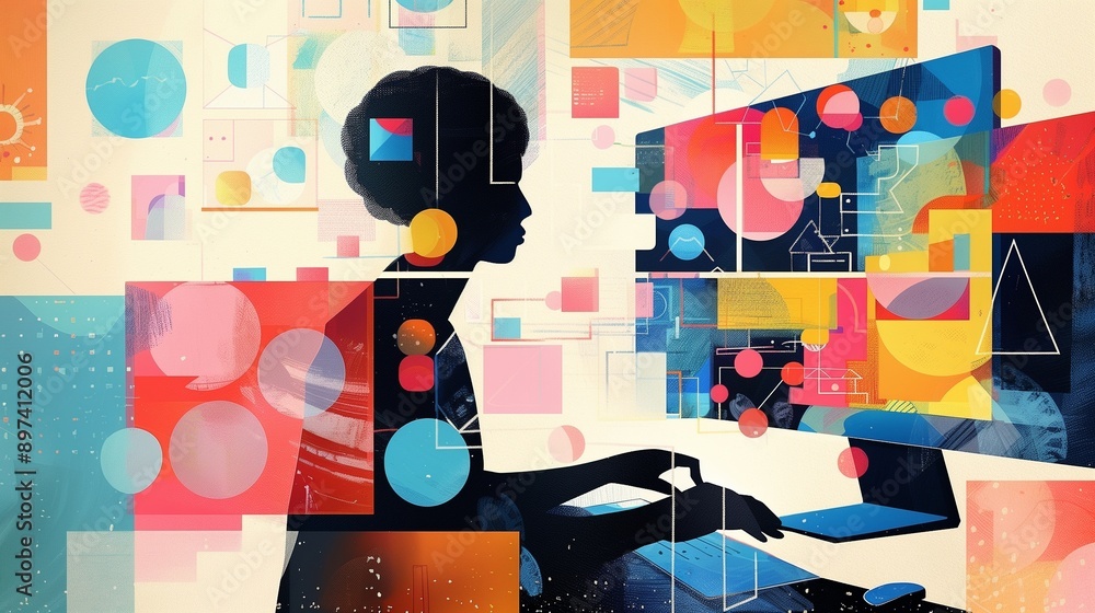 Poster a silhouette of a person at a computer, surrounded by abstract shapes and vibrant colors, symbolizes